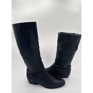 Vtg 80s Navy Blue Leather Knee High Cuff Slouch Boots Made In Uruguay Sz 8 M